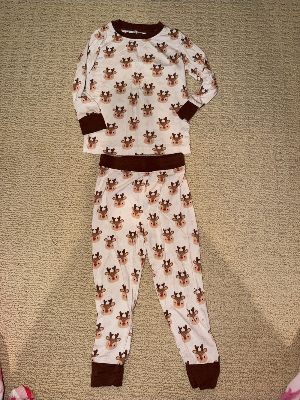 Kids Reindeer Print Pajama Set with Brown Trim
